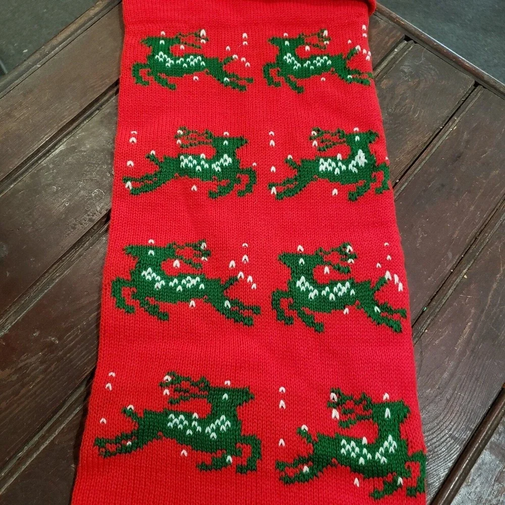 Vintage Retro Knit REINDEER‎ Christmas Stocking Red Green 36